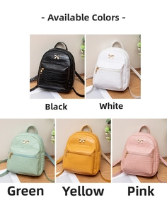 Detailed grid view of mini backpacks in five colors with faux crocodile texture