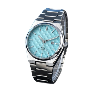 Men's PRX quartz watch with light blue waffle dial and silver stainless steel strap