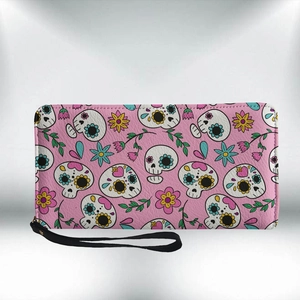 Women Long Zipper Wallet PU Leather Large Capacity Clutch Purse With Wrist Strap Halloween Skull Printed Gothic Style