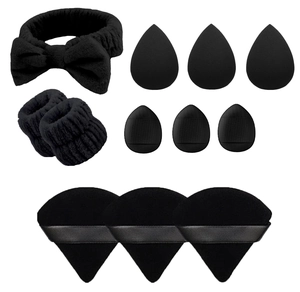 15pcs black flannel makeup set with headband, wristbands, and various beauty sponges