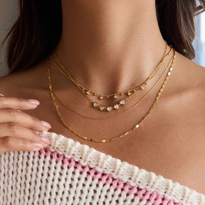Layered 18K gold stainless steel heart necklace with cubic zirconia for women