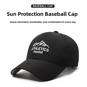 Close-up of black mesh baseball cap showing breathable laser-cut holes and embroidery