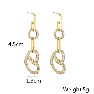 Detail view of 18K gold plated geometric earrings showing 4.5cm length and zircon hearts