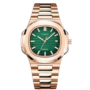 Men's luxury rose gold quartz watch with emerald green textured dial and date display