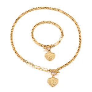 Stainless Steel Heart Pendant Necklace And Bracelet Mixed Cuban Paperclip Chain Toggle Clasp Fashion Jewelry Gift For Women