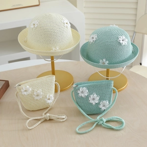 Kids woven straw sun hat and purse set with white flowers in cream and mint green