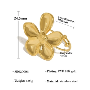 Detailed technical diagram of 3D gold flower ring showing dimensions and 18K PVD coating