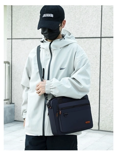 Detail of dark blue nylon business messenger bag with adjustable strap and front zipper