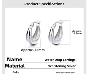 Detailed view of water drop earrings in 925 sterling silver with 16mm x 16.5mm dimensions