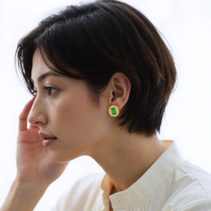 18K gold plated stainless steel geometric round earrings with green emerald gemstone