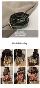 Detail showing adjustable strap and colorful leather fringe layers on the shoulder bag