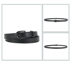 Close-up view of slim black PU leather belt featuring a matching round pin buckle