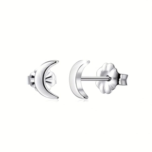 Polished stainless steel crescent moon stud earrings with petal shaped backs on white background