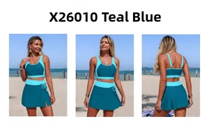 Three-way view of a teal split swimsuit featuring a skirted bottom and drawstring detail