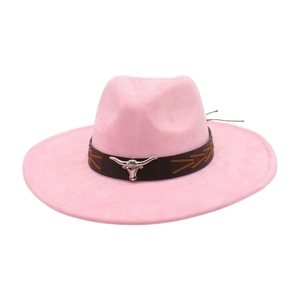 Western Cowboy Hat Wide Brim Suede Woolen Felt Metal Bull Head Buckle Leather Band Retro Ethnic Style Fedora Men Women