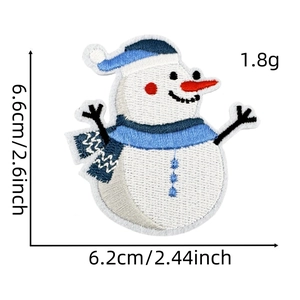 Detail of snowman embroidery patch featuring blue scarf with precise 6.6x6.2cm measurements