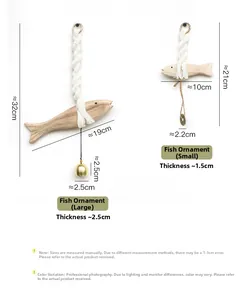 Size chart for wooden fish wall ornaments showing large and small hanging dimensions
