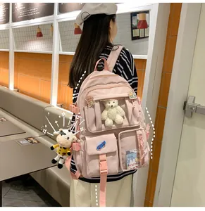 Zaino in nylon rosa con ciondolo a forma di orso e tasche in PVC trasparente per ragazze