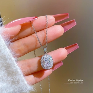 Emerald Cut Zircon Pendant Necklace Titanium Steel Chain Geometric Radiant Halo For Women Elegant Jewelry Gift