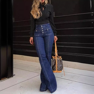 Women high waist dark blue flare jeans with five-button fly and decorative stitching