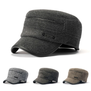 Men Cadet Cap Herringbone Woolen Flat Top Military Hat With Faux Leather Trim Adjustable Warm Winter Autumn Classic Vintage