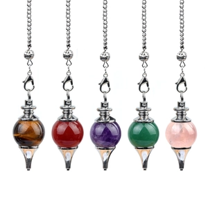 Set of 5 crystal agate ball pendulum pendants in tiger eye, amethyst, and rose quartz