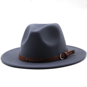 Detail of grey-blue wool fedora hat featuring a brown leather band and silver buckle