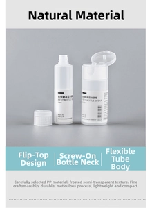 Detail of 18ml and 30ml travel squeeze bottles showing flip caps and frosted texture