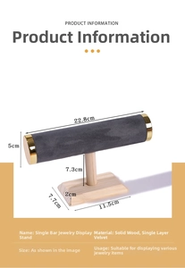 Detail view of jewelry display stand with dimensions of the gray velvet bar and wooden base