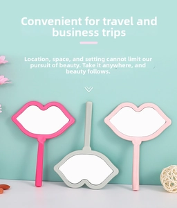 Detailed close-up of lip-shaped hand mirrors in rose pink, light gray, and pale pink
