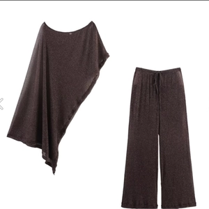 Metallic bronze asymmetric poncho top and wide-leg trousers two-piece women's set