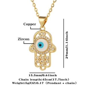 Detailed view of Hand of Fatima pendant with blue evil eye and zircon inlay measurements