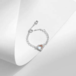 S925 sterling silver chain ring with heart moonstone and adjustable slider bead