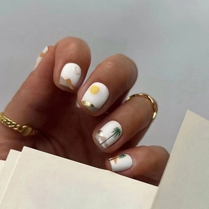 Matte Press On Nails Hand Painted Desert Sun Moon Landscape Fake Nails For Women Short Square Round Artificial Nails