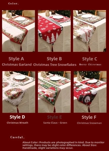 Detail view of six Christmas table runner styles with tassels and festive holiday patterns