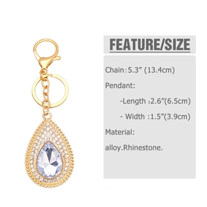 Detailed size chart for teardrop rhinestone keychain showing 13.4cm length and alloy material