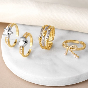 Anello Aperto Regolabile Di Moda Rame Placcato Oro Cuore Stella Fiocco Zirconia Gioielli Eleganti Per Donna