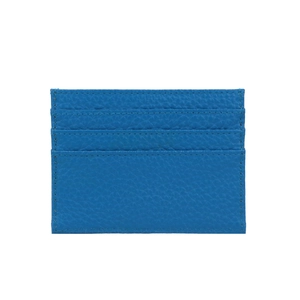 Detailed view of blue pebbled leather card holder with multiple slots on a white background