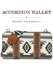 Close-up of bohemian accordion wallet featuring tribal patterns and detachable brown strap