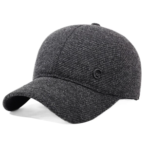 Men's winter wool tweed baseball cap with ear protection and metal logo in dark grey
