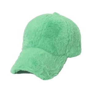 Close-up of the plush faux fur texture and mint green stitching of the baseball cap