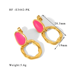 Detail view of pink enamel earrings with gold plating and dimensions 28.5mm by 19mm