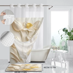 Detailed view of the 60x40cm floral bath mat and water-resistant curtain texture