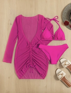 Flat lay of pink three-piece bikini set with sheer mesh long sleeve sarong cover-up
