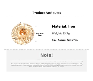 Detailed specs of geometric hollow spring bangle in gold finish, iron material 7x7cm