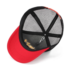 Detail view of children's excavator mesh cap with red brim and adjustable back strap