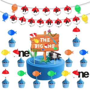 Fishing themed birthday decoration set with HAPPY BIRTHDAY banner and cake toppers