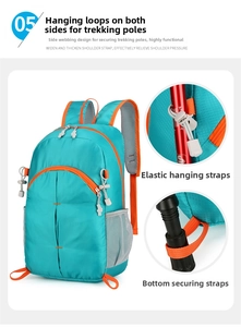 Detailed view of the trekking pole attachment system on the foldable hiking backpack