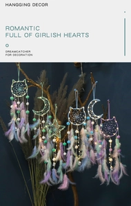 Detail of moon and star dreamcatchers with LED lights and feathers hanging on branches