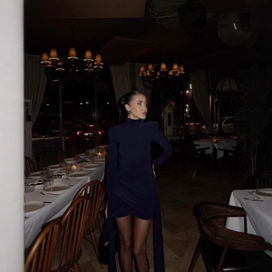 Women Ruched Bodycon Mini Dress Long Sleeve High Neck With Long Streamer Train Elegant Party Evening Polyester Cotton